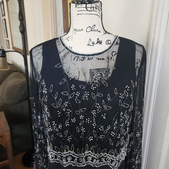 Stenay Vintage Navy Blue Evening Dress with Beaded, Shear Jacket Sz 12 - Picture 2 of 13